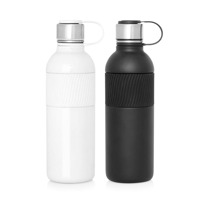A drink bottle set featuring a white and a black stainless steel design with double wall insulation and a metal cap. A drink bottle set featuring a white and a black stainless steel design with double wall insulation and a metal cap.