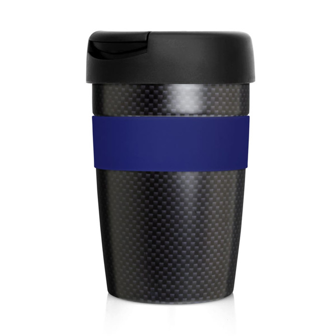 A drink bottle featuring a black carbon fibre design with a blue silicone band and a black lid.