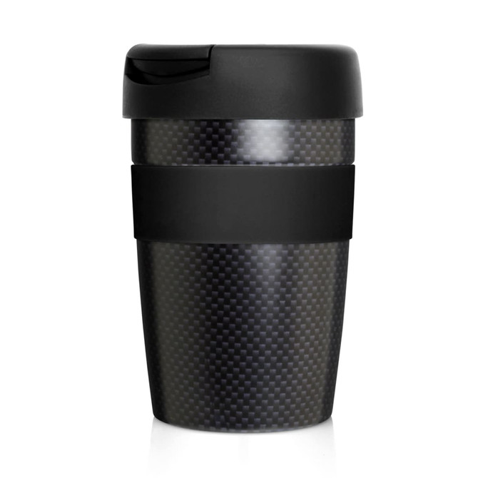 A drink bottle featuring a carbon fibre design with a black lid and silicone grip, holding 375ml.