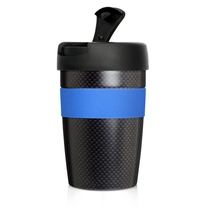 A drink bottle with a carbon fibre design, featuring a blue band and a black lid. Includes a logo.