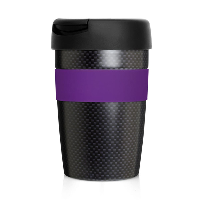 A drink bottle featuring a black carbon fibre design with a purple band and a black lid. It has a logo.