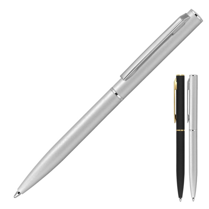 A metallic ballpoint pen in silver with a sleek design, accompanied by a black and silver pen. All have a branding logo.