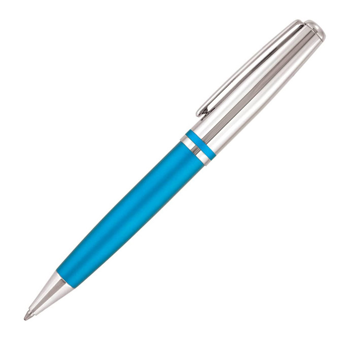 A blue ballpoint pen with a sleek silver clip and accents, featuring a glossy metal finish.