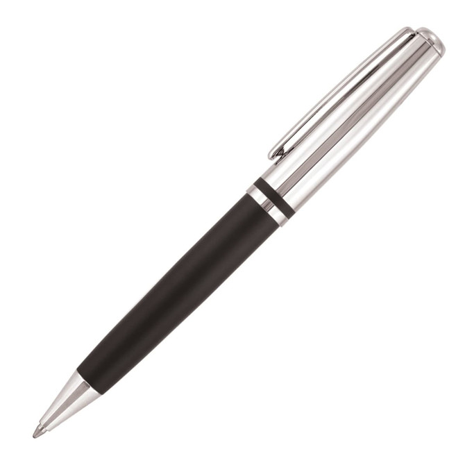 A sleek metal ballpoint pen in midnight black with a polished silver accent and clip. It features a logo.