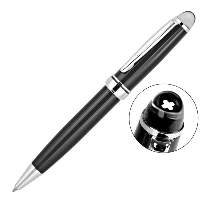 A black metal ballpoint pen with silver accents, featuring a rounded top and a logo.