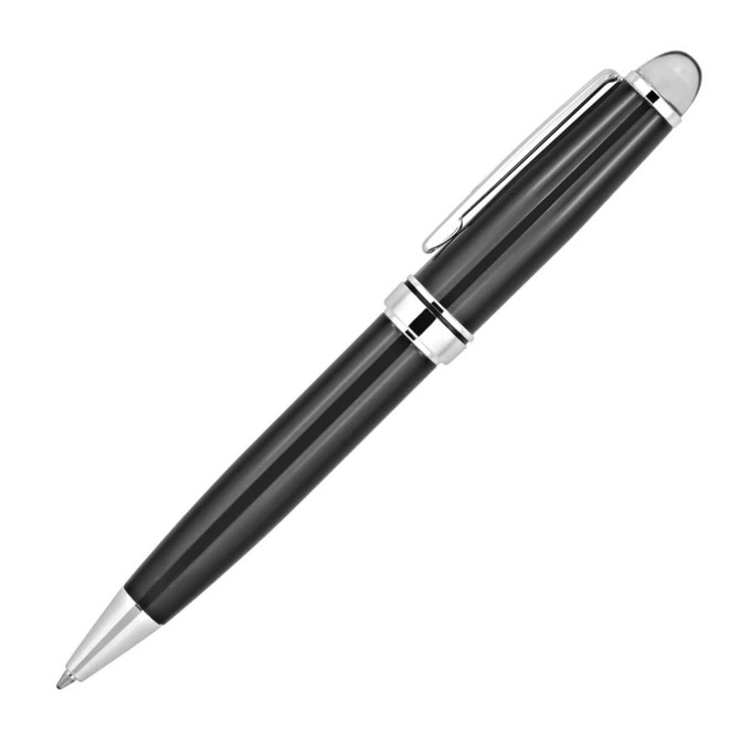 A black metal ballpoint pen with silver accents and a clip, featuring a branded logo.