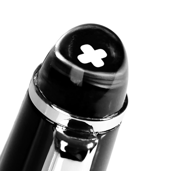 A black ballpoint pen featuring a glossy finish and a round top with a simple white design.