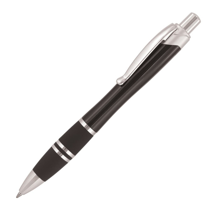 A ballpoint pen in black with silver accents and a textured grip. Features a clip and has a logo.