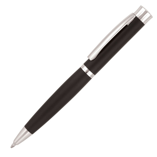 A ballpoint pen in black with silver accents, featuring a sleek design and a clip, also has a logo.