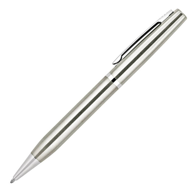 A silver metal ballpoint pen with a sleek design and a clip, featuring a branding logo.