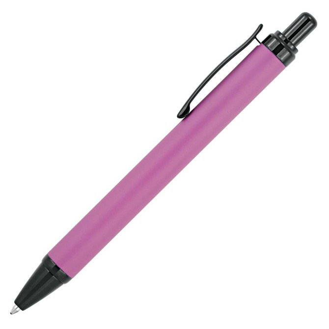 A metal ballpoint pen in a vibrant purple colour with a black clip. It features a smooth design and sleek finish.
