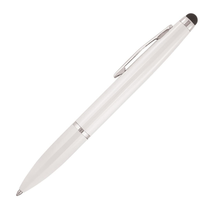 A white ballpoint pen with a sleek design and a stylus tip, featuring silver accents and a logo.