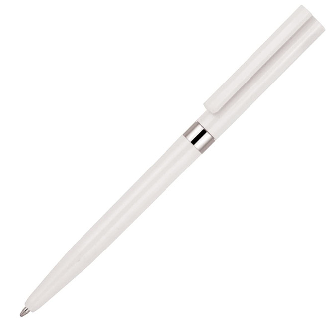 A slim white ballpoint pen with a twist mechanism and a silver band, featuring a logo.