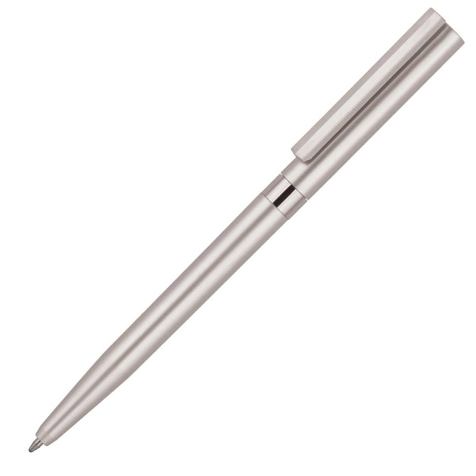 A slim silver ballpoint pen with a twist mechanism and a clip. It features a glossy finish and a logo.