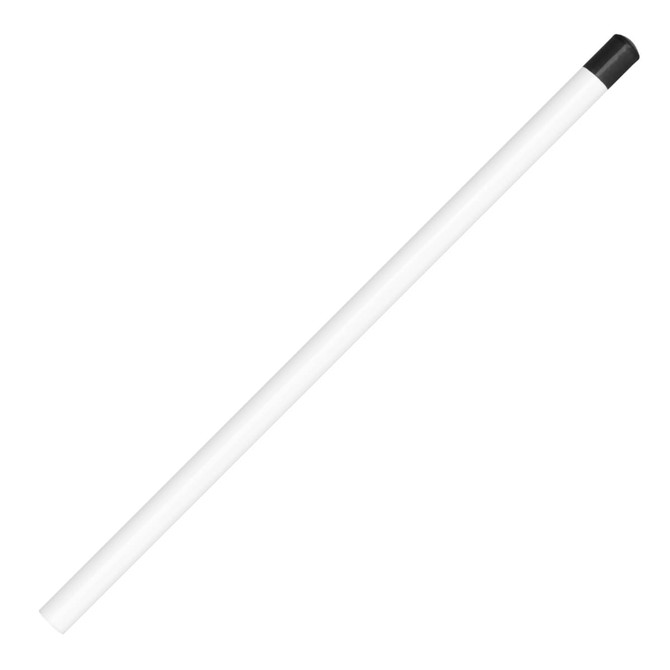 A white pencil with a black end, featuring a sleek and minimal design. It has a logo on the side.