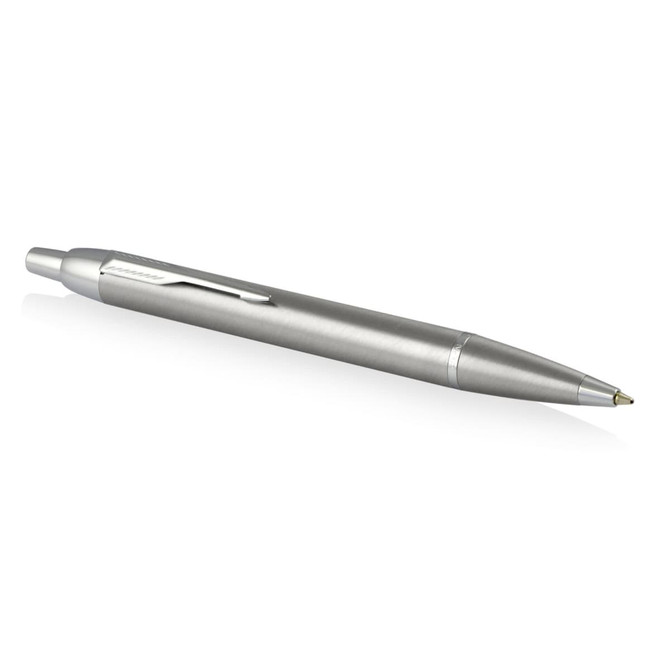 A brushed stainless steel ballpoint pen with a sleek design and a clip for attachment. It features a brand logo.