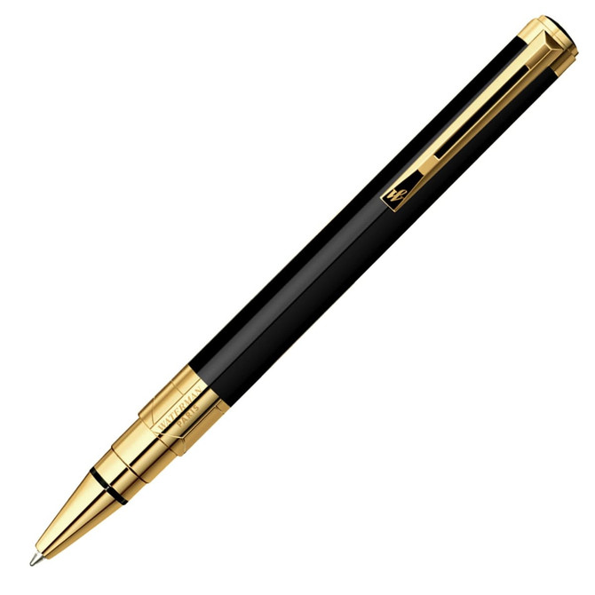 A ballpoint pen in black with gold accents, featuring a polished finish and a logo on the barrel.