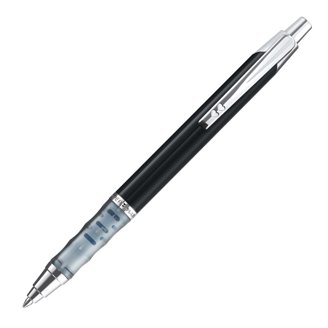 A gel ink pen in black and silver with a transparent grip and a clip. Includes branding on the body.