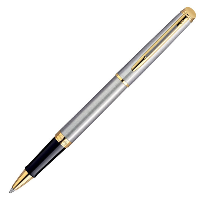 A brushed stainless steel rollerball pen with gold accents and a black tip, featuring a branding logo.