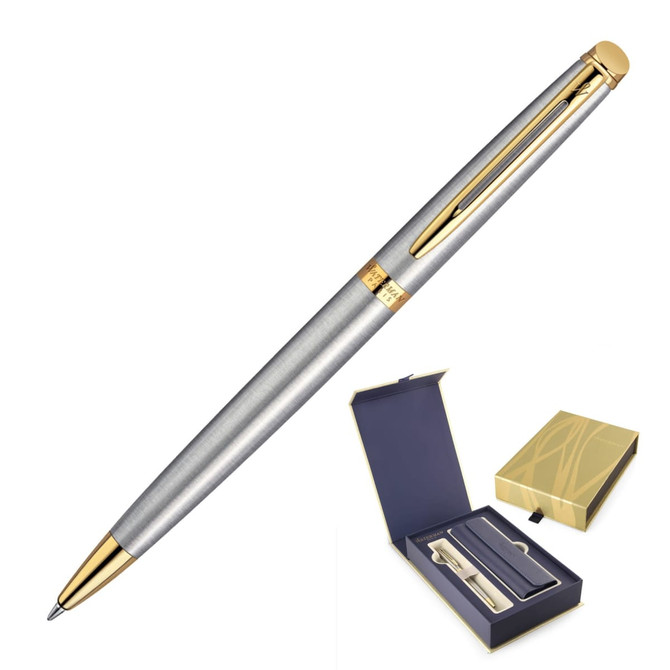 A ballpoint pen in brushed stainless steel with gold accents, presented in an elegant box.