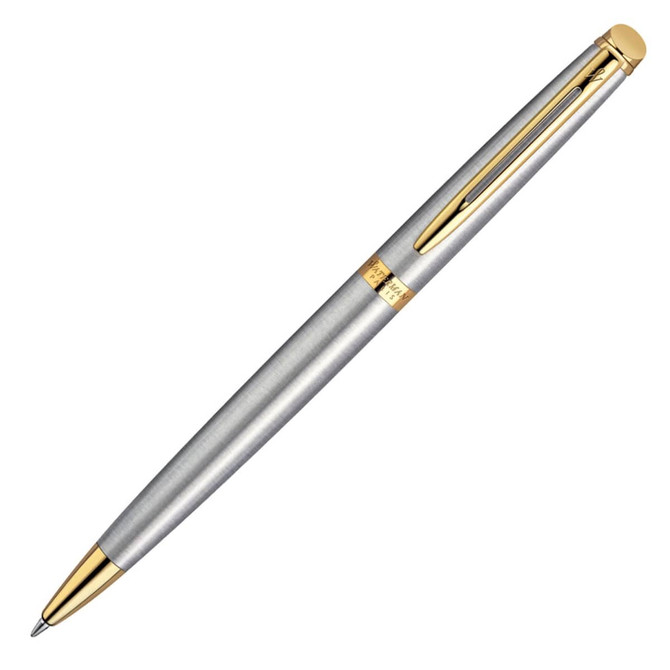 A metal ballpoint pen in brushed stainless steel with gold accents and a branded logo.