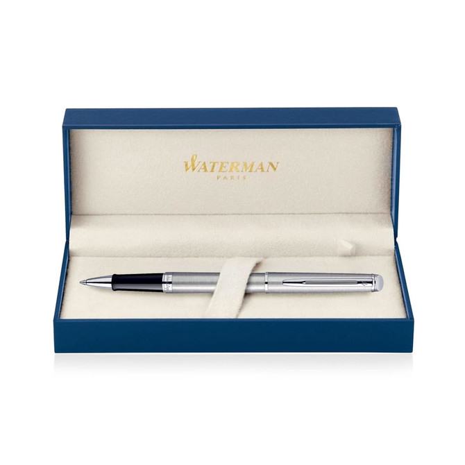 A brushed stainless rollerball pen in a blue gift box with a soft interior and a logo.