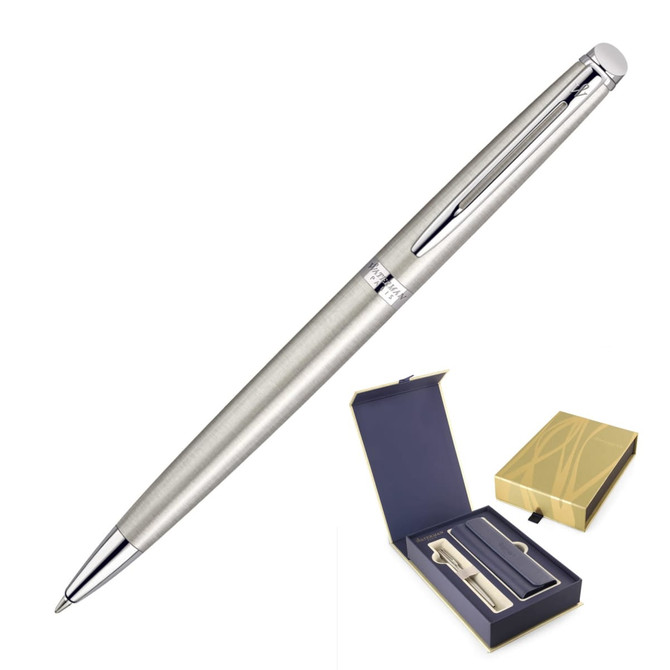 A brushed stainless steel ballpoint pen with chrome accents, displayed alongside its elegant gift box.