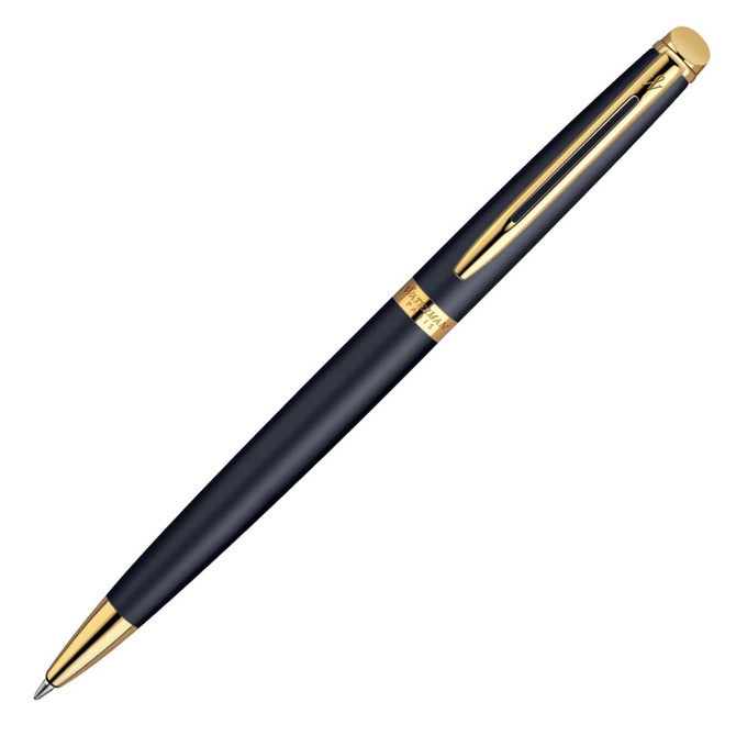 A matte black ballpoint pen with gold accents and a sleek design, featuring a branding logo.