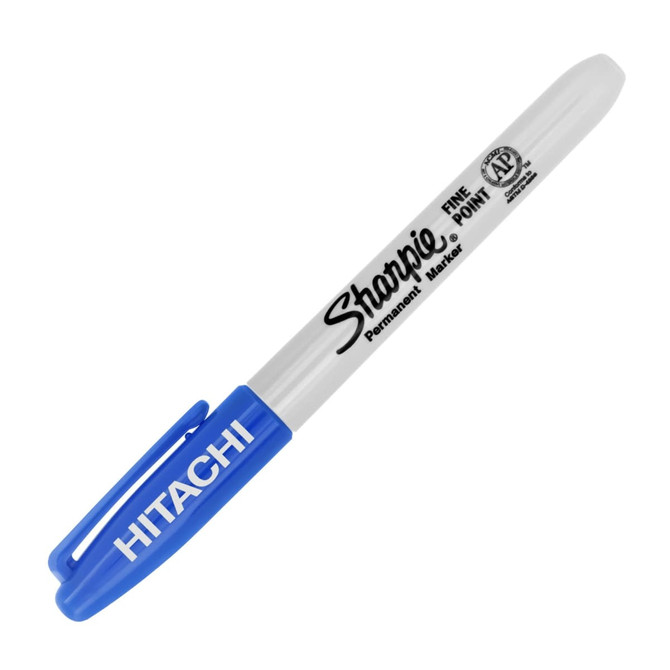 A permanent Sharpie fine marker with a blue and white design, featuring a branding logo.