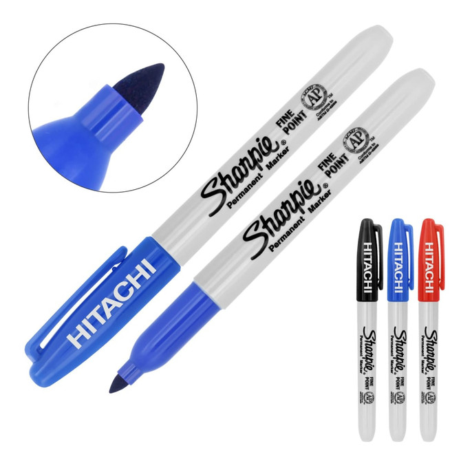 A set of permanent markers in blue, black, and red with fine tips and a logo present on the blue marker.