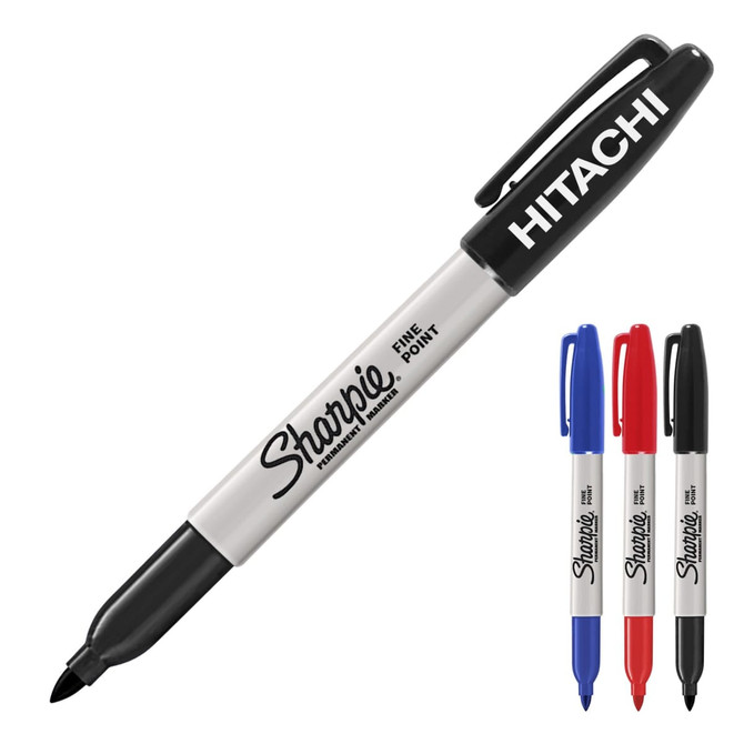 A permanent Sharpie fine marker in black, with additional markers in blue and red, featuring a logo.