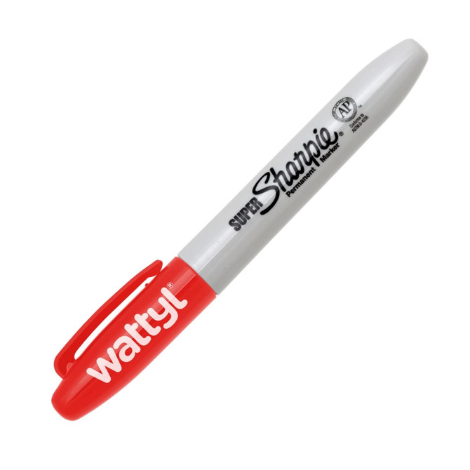 A permanent marker with a white barrel and red cap, featuring a logo and branding.