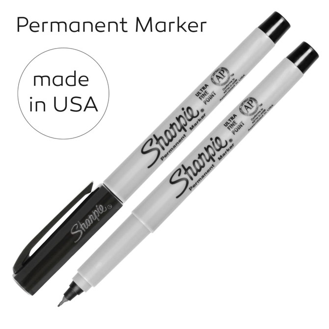 A set of black permanent markers with ultra-fine tips, featuring a logo and made in the USA.