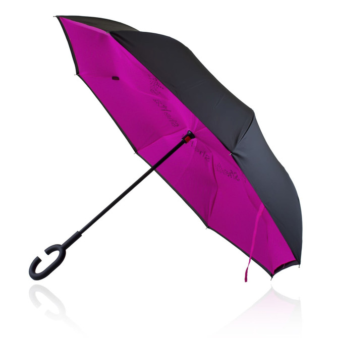A black and pink 53cm double canopy umbrella with a curved handle and a branded logo.