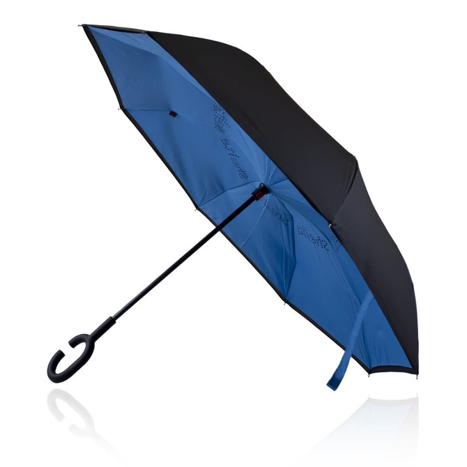 A 53cm double canopy umbrella featuring a black exterior and a blue interior, with a curved handle and logo.