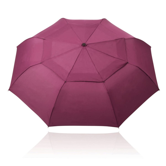 A burgundy folding umbrella with a wind-vented design and a central button. It features a logo.