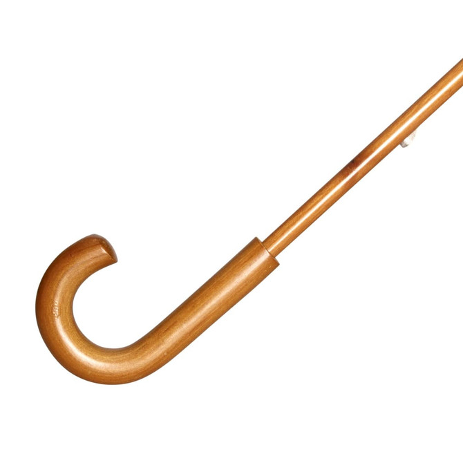 A wooden-handled umbrella with a curved hook grip and a long shaft in a warm, brown finish.