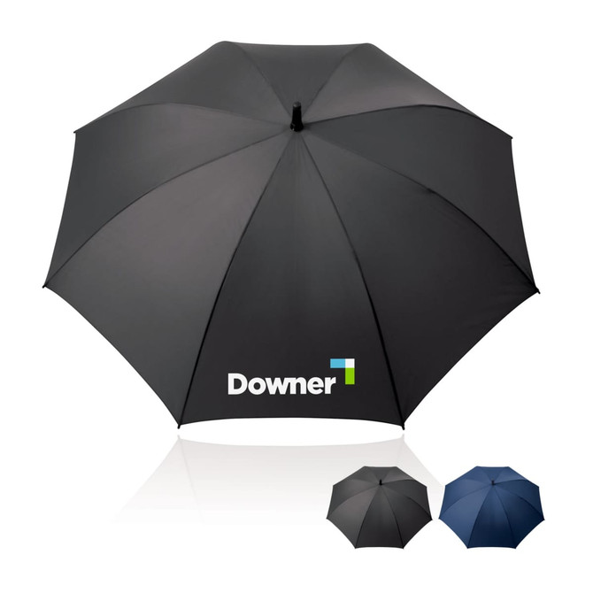 A black 75cm umbrella with a branding logo, featuring two smaller umbrellas in dark shades.