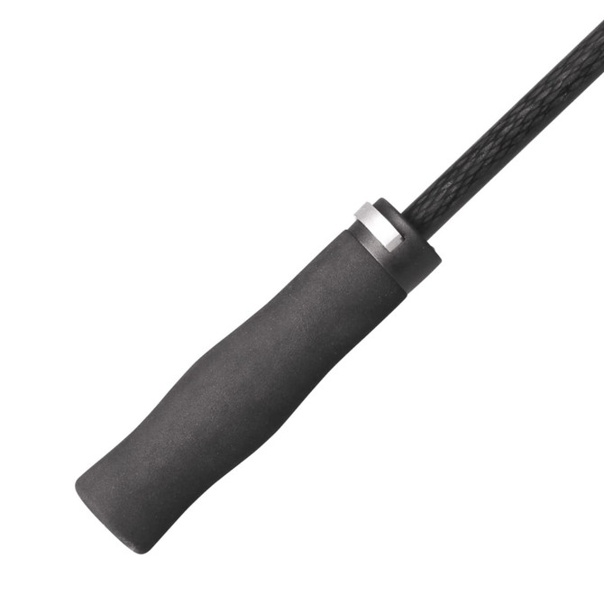 A black umbrella handle with a textured grip and a metallic accent at the base.