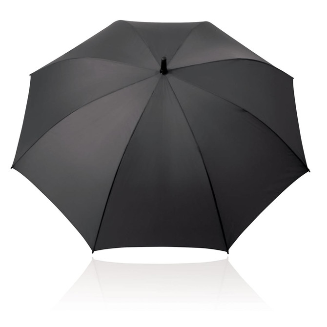 A black 75cm umbrella with a sleek design and a central handle, featuring a logo on the canopy.
