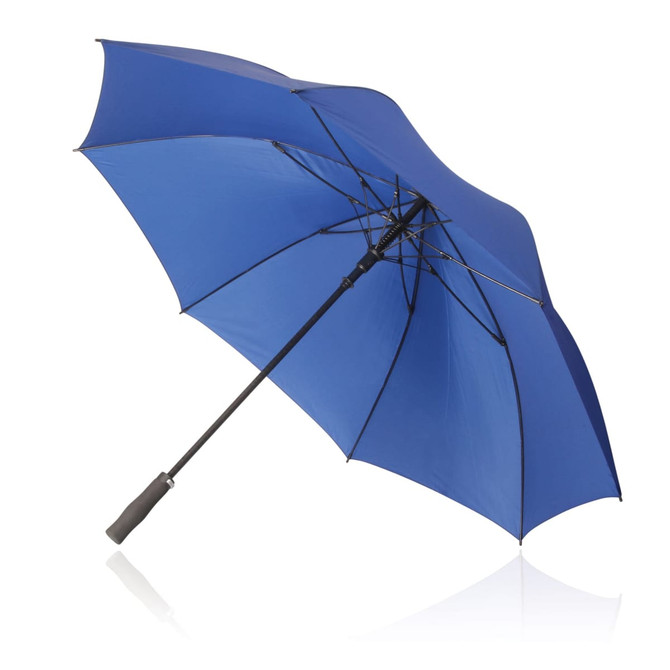 A blue umbrella with a 75cm canopy, featuring a black handle and a metal frame. It has a logo on the fabric.