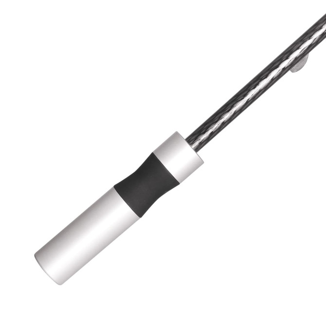 A close-up of a silver umbrella handle with a black grip, featuring a metal shaft.