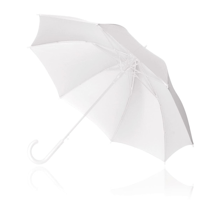 A white 61cm umbrella with a curved handle and a compact design, featuring a logo on the canopy.