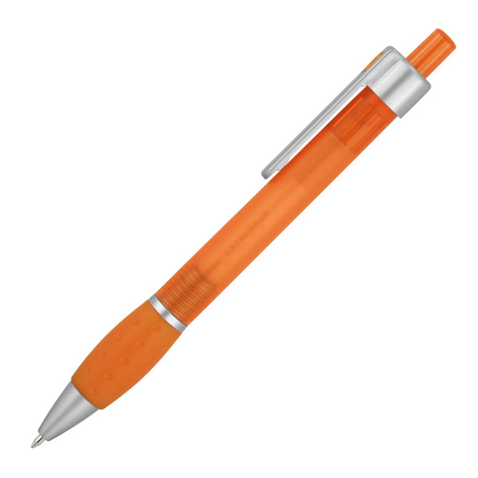 An orange ballpoint pen with a silver clip and grip section. It features branding on the barrel.