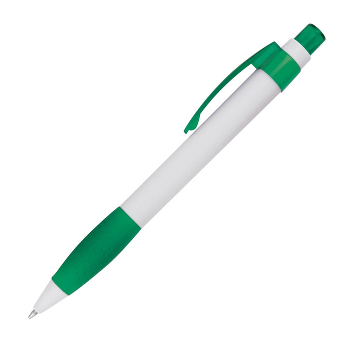 A green and white ballpoint pen with a grip and clip, featuring a branding logo.