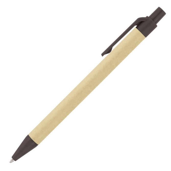 A ballpoint pen with a recycled paper barrel in a light beige colour and a black tip and clip. Features a logo.