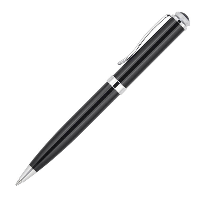 A sleek black ballpoint pen with silver accents, featuring a clip and a smooth finish. It includes a logo.