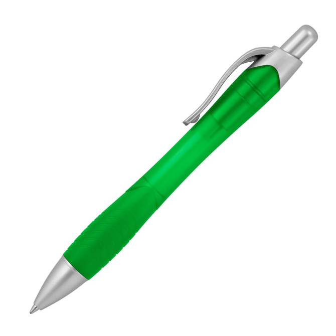 A ballpoint pen in a vibrant green colour with a silver clip and tip. It features a textured grip for comfort.