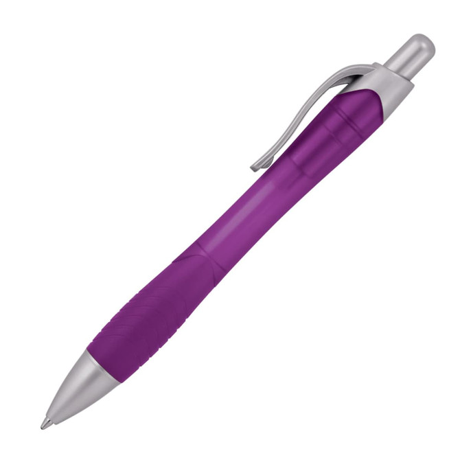 A ballpoint pen in a frosted purple body with a silver tip and clip, featuring a textured grip.