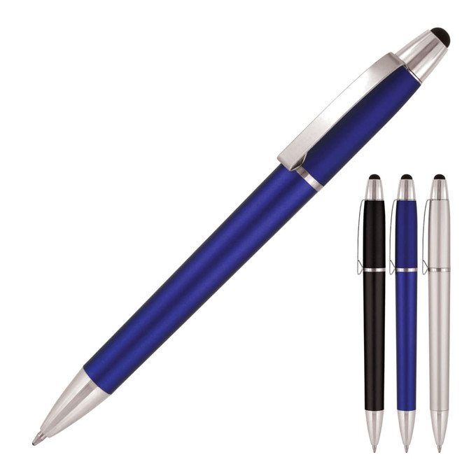 A blue ballpoint pen with a stylus tip, accompanied by black and silver versions. Features a sleek design and clip.